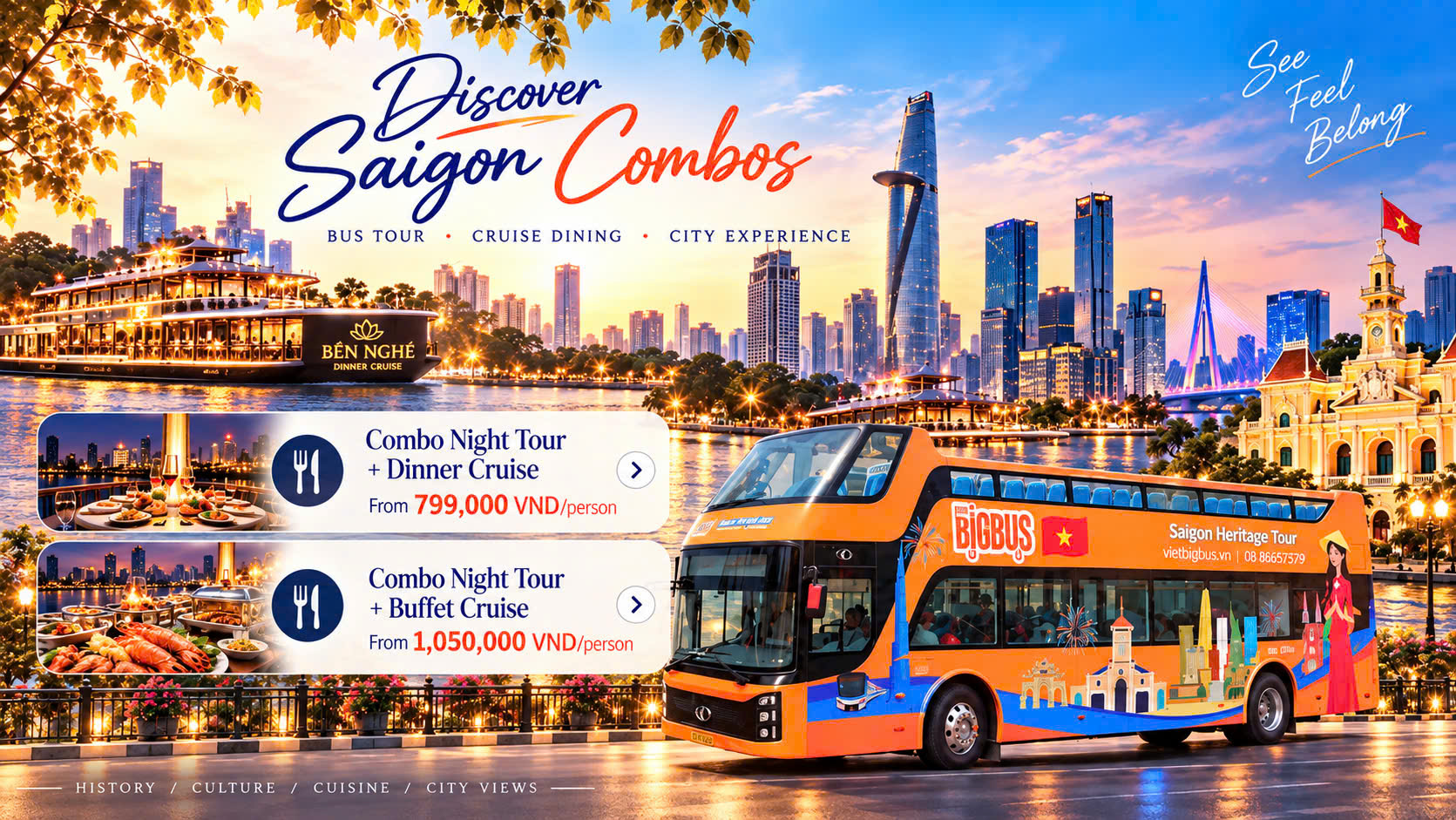 Viet BigBus: Combo Night Tour và Ăn Tối Trên Tàu Bến Nghé